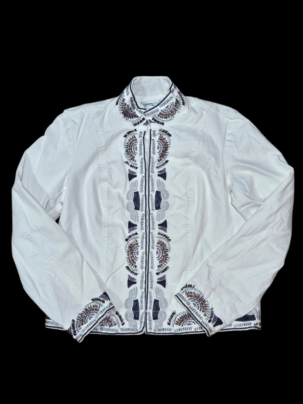 Coldwater Creek White Denim Embroidered Mandarin Collar Open Front Jacket Small